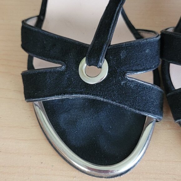 Stuart Weitzman T Strap Black Suede Double Ankle Buckle Strappy Heels Sandals - Picture 9 of 16